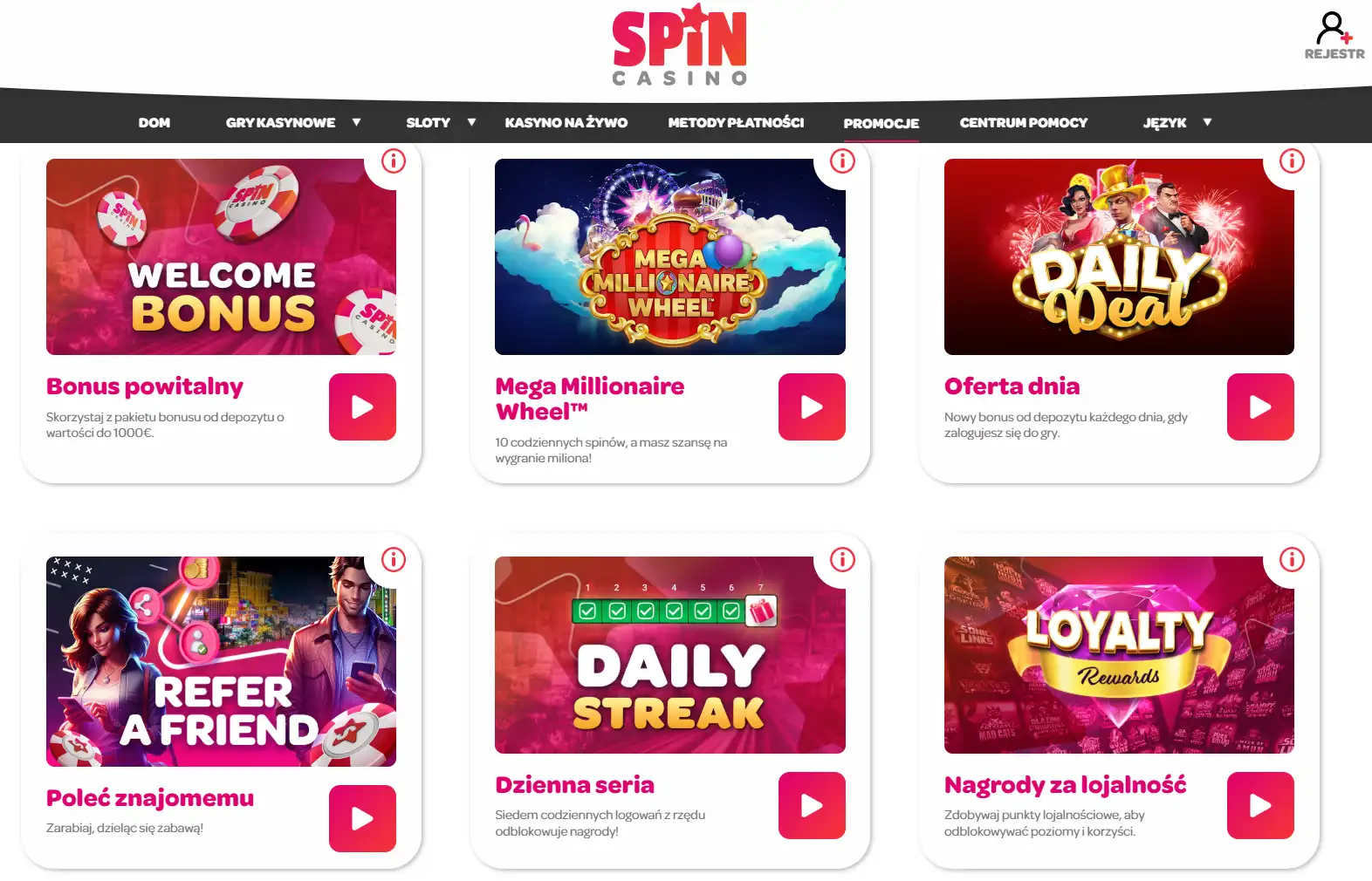 Oficjalna strona promocji Spin Casino z pakietem powitalnym