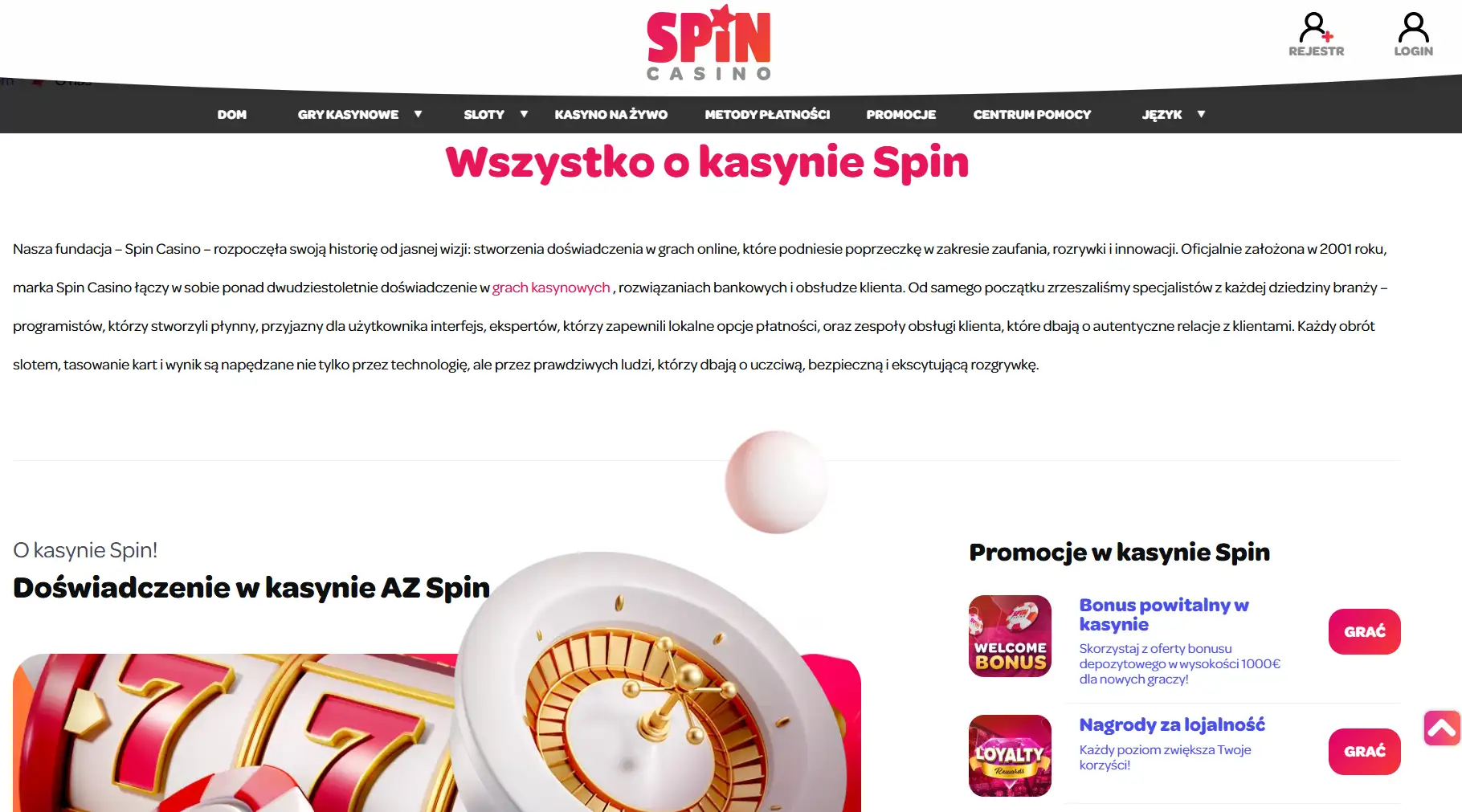Oficjalna strona Spin Casino pokazująca rzeczywisty interfejs marki